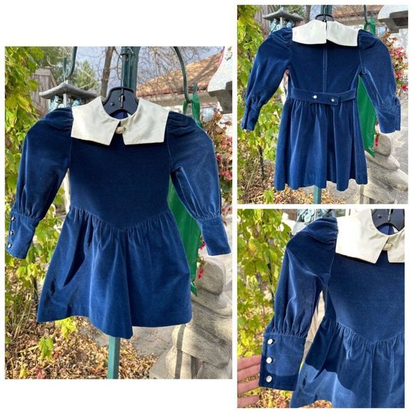 Vtg 70s Manhatten Blue Velvet Party Dress Ivory Satin Sailor Collar Princess Sz - Picture 10 of 10